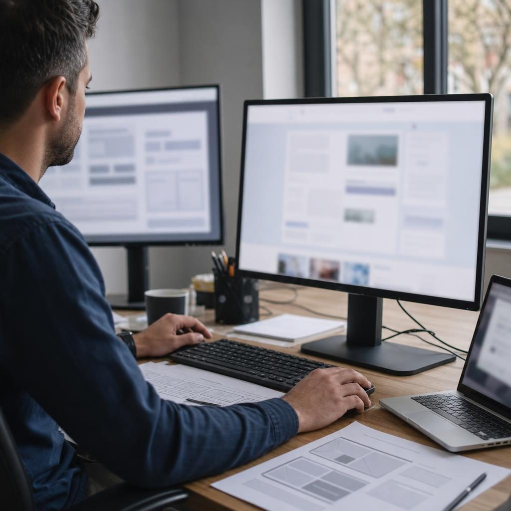 Specjalista analizujący użyteczność strony firmowej na monitorach w pracowni UX