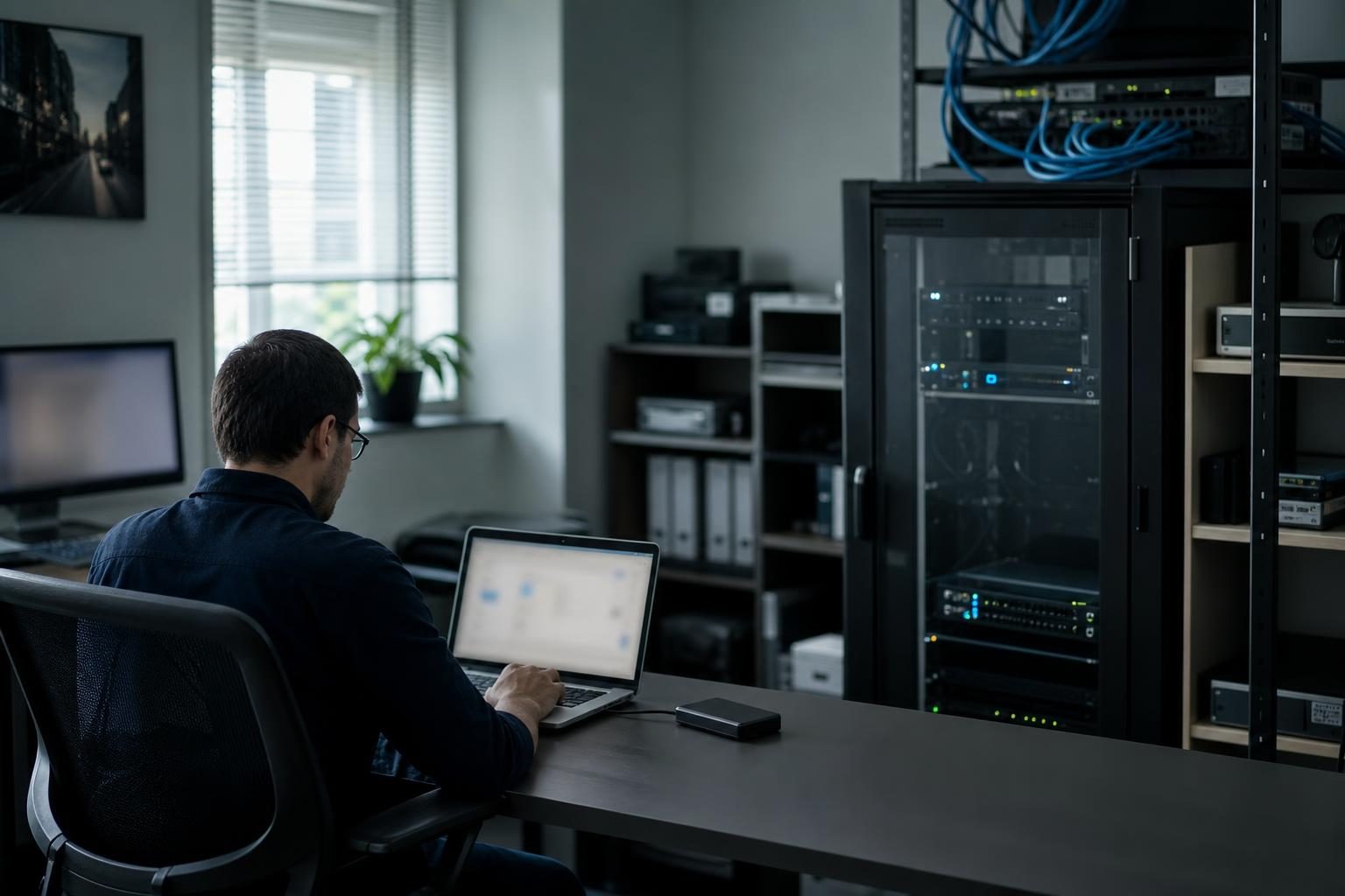 Technik wykonuje bieżącą opiekę nad stroną firmową przy laptopie, kopii zapasowej i urządzeniach sieciowych.
